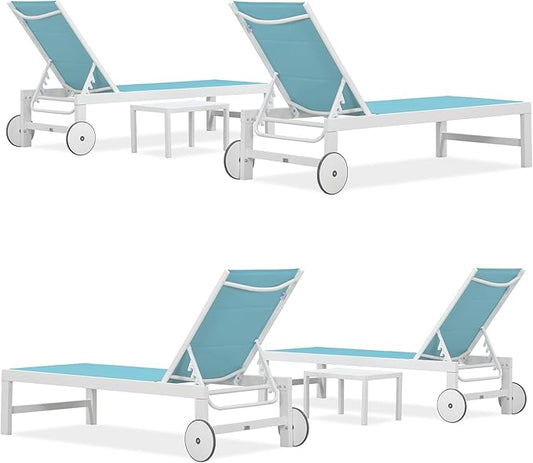 PURPLE LEAF Outdoor Chaise Lounge Staight Legs Adjustable Sunbathing Recliner with Side Table Blue 2 Sets