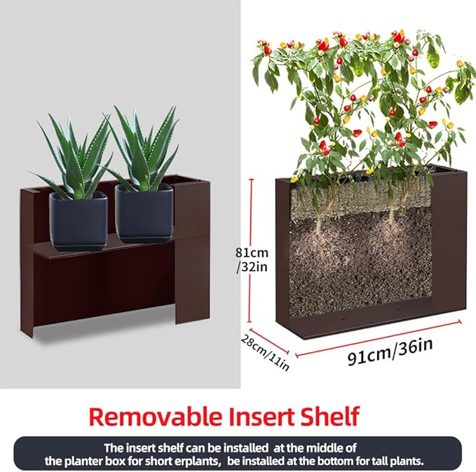 Metal Tall Long Planter Box Large Rectangular Planter Flower Pot with Drainage Holes for Indoor Outdoor Deck Porch Garden Home Patio Front Door (Espresso, L)