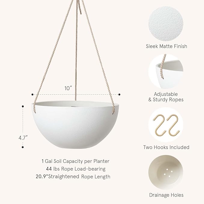 LA Jolie Muse Hanging Planter - 10 Inch Hanging Planters for Indoor Plants, Hanging Pots for Plants Indoor Outdoor, Set of 2, White
