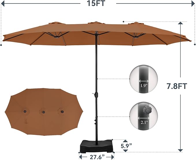 GREEN PARTY 15 ft Rectangle Patio Umbrella with Base Included, Double-Sided Table Umbrella with Crank, Large Outdoor Umbrellas for Patio Poolside Garden Backyard, Tawny