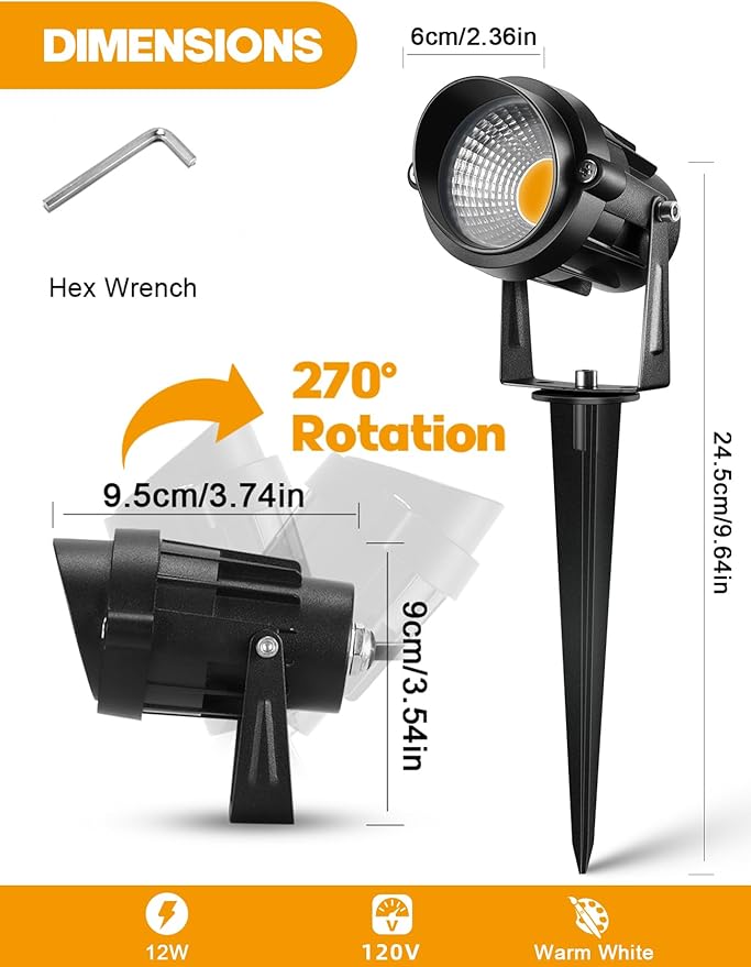 LemonBest 12W Landscape Lighting LED Outdoor Spotlight 120V AC Waterproof Landscape Lights Warm White Spot Lights for Yard Garden Decorative Lawn Lamp Flag Light with Spiked Stake, 4 Packs