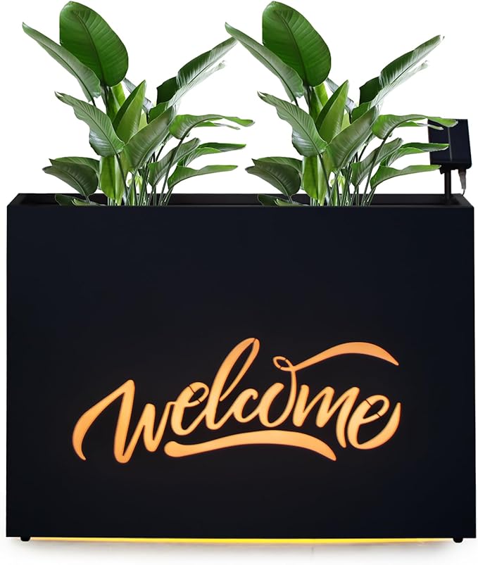 Metal LED Planter Box Rectangular Block - Galvanized Steel Long Planters Box with Solar Light Outdoor All-Weather Use with Drainage Holes for Cafe Bar Mall Store Patio/Porch/Entrance, 35.5×24×12IN