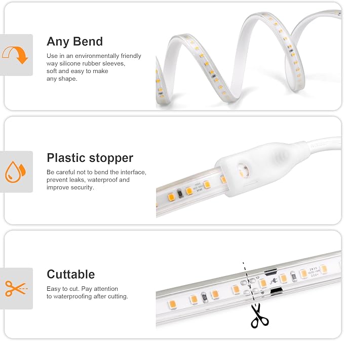 AIMENGTE LED Strip Lights for Room - Outdoor Led Strip Lighting Waterproof, AC 110V, 1200LEDs, 3000k LED Rope Lights for Garden, Patio, Living Room Bedroom Kitchen Home Decoration(32.8ft, Warm White)