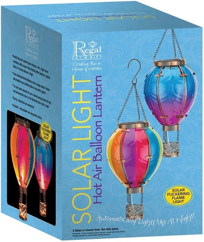 Regal Art & Gift Hot Air Balloon Solar Lantern – Hanging Solar-Powered LED Lights, Waterproof Portable Decorative Outdoor Lamp Made of Metal & Glass for Garden, Patios & Pathway – Blue (Small)