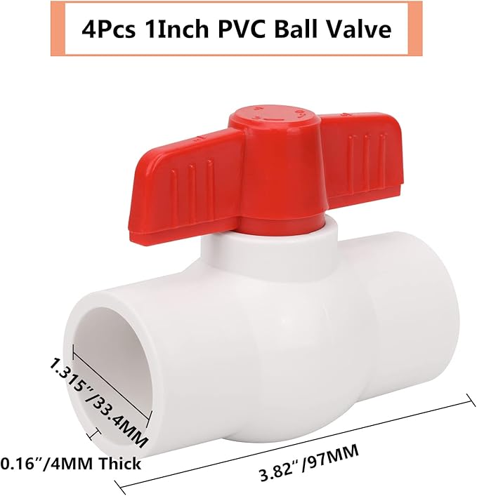 4Pcs 1" PVC Ball Valve Water Pipe Shut-off Valve Socket with Red T-Handle for Cold Water Supply lines, Irrigation Pipe fitting System(Socket x Socket), Schedule 40