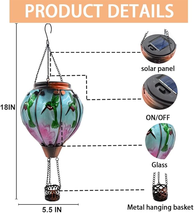 2PC Hot Air Balloon Solar Lantern with 2PC Shepherd Hook, Flickering Flame Hanging Solar Lanterns Outdoor Lights Waterproof Lanterns Decorative Garden Patio Yard Party Decor (Hummingbirds)