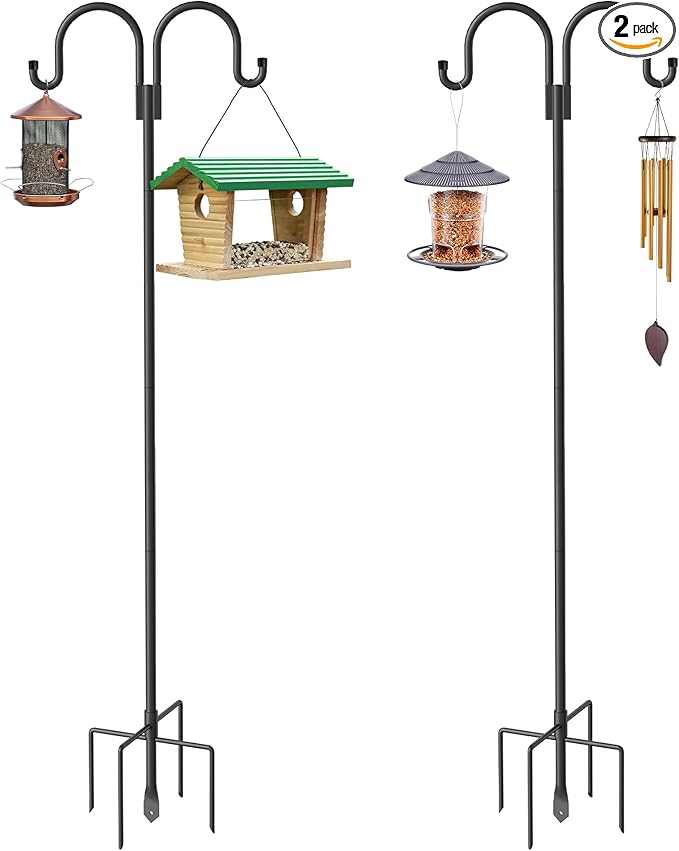 Highpro Double Shepherds Hooks for Outdoor, 2 Pack 79 Inch Heavy Duty Garden Pole for Hanging Bird Feeder, Bird Feeder Hook Plant Baskets,Garden Plant Hanger Stands with 5 Base Prongs