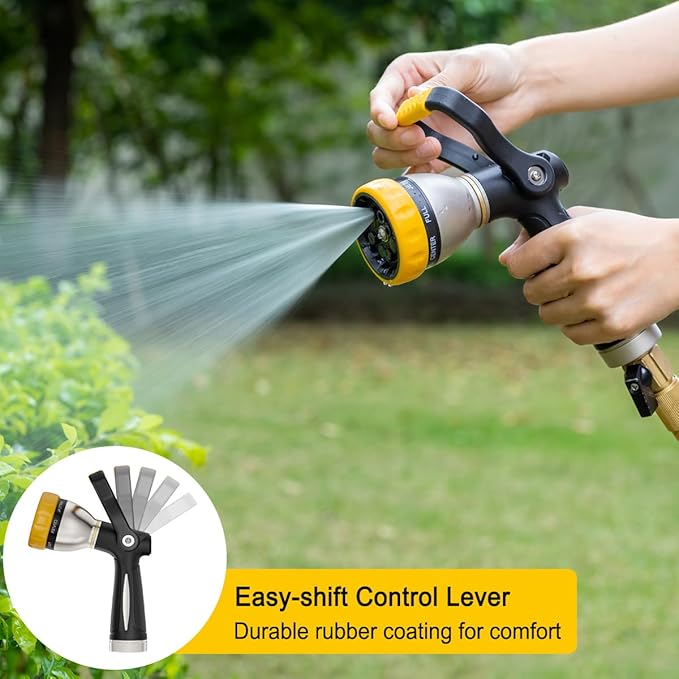 FANHAO Heavy Duty Fireman's Hose Nozzle, Metal Water Nozzle with 8 Spray Patterns, High Pressure Garden Hose Sprayer with Lever Control and Non-Slip Grip to Water Plants & Lawns, Wash Cars & Clean