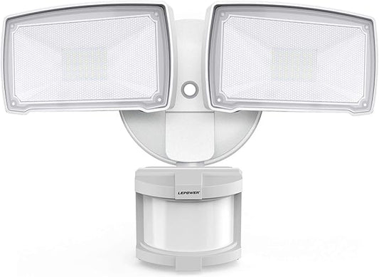 LEPOWER LED Motion Sensor Security Lights Outdoor, 30W 3200LM, 5500K, IP65 Waterproof, 2 Head Motion Detector Flood Light for Garage, Yard, Porch, White (NOT Solar Powered)