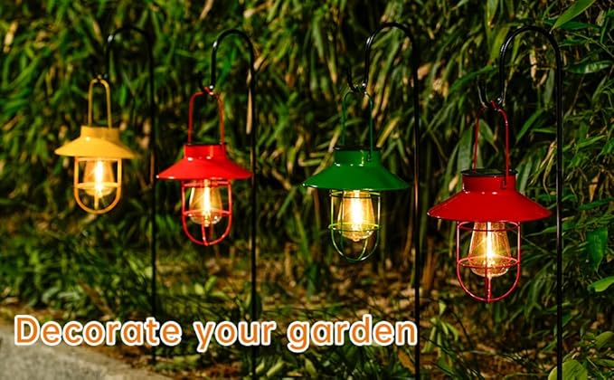 Solar Lights Lantern Lamp with Shepherd Hook, Solar Metal Lanterns, Outdoor Lights Decor,Edison Bulb Lights for Garden ,Outside Decor for Pathways,Patio, Lawn, or Landscaping(Red)