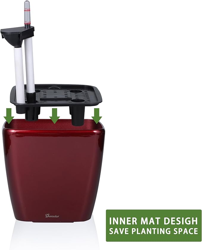 Dexceder 9x8 Self Watering Planter Indoor Outdoor, Inner Mat Design, Thickened Table Flower Plant Pot with Water Level Indicator (Red High Gloss)