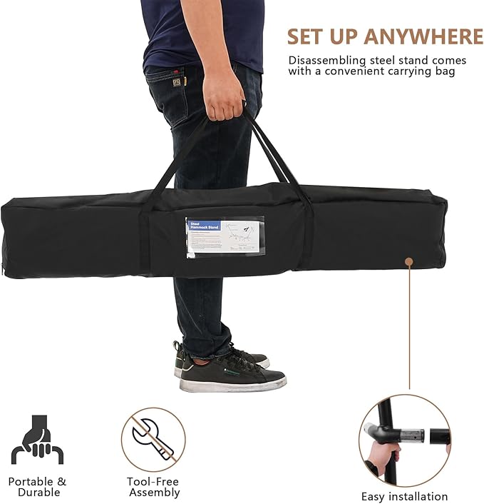 Double Hammock with Stand Included 450lb Capacity Space Saving Steel Stand,Premium Carry Bag Included,Suit for Outside,Indoor,Yard,Camping(Coffee).