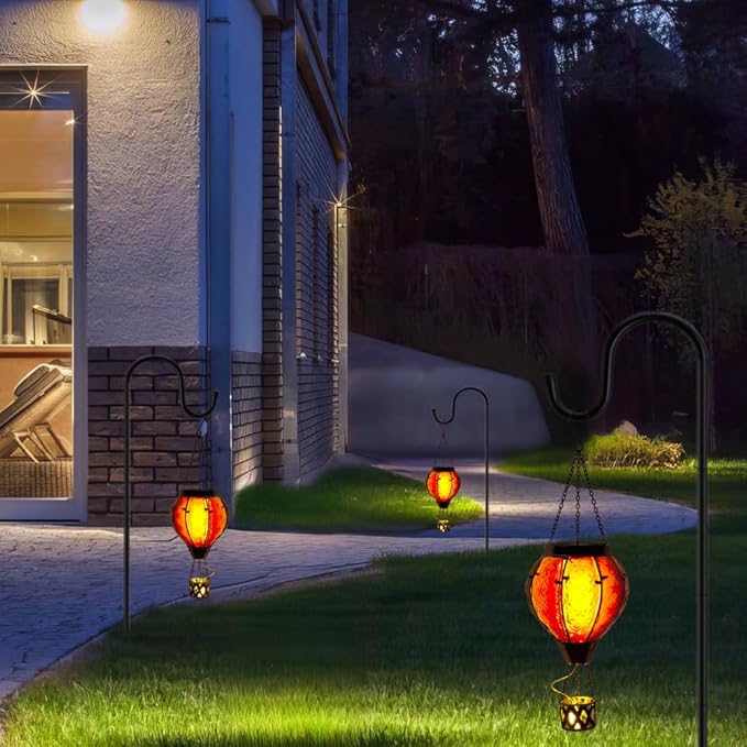 2PCS Hot Air Balloon Solar Lantern with Flame Flickering Light LED Glass Hanging Solar Lanterns Outdoor Waterproof Hot Air Balloon Decoration Outdoor Light for Patio Tree Yard Garden Decor