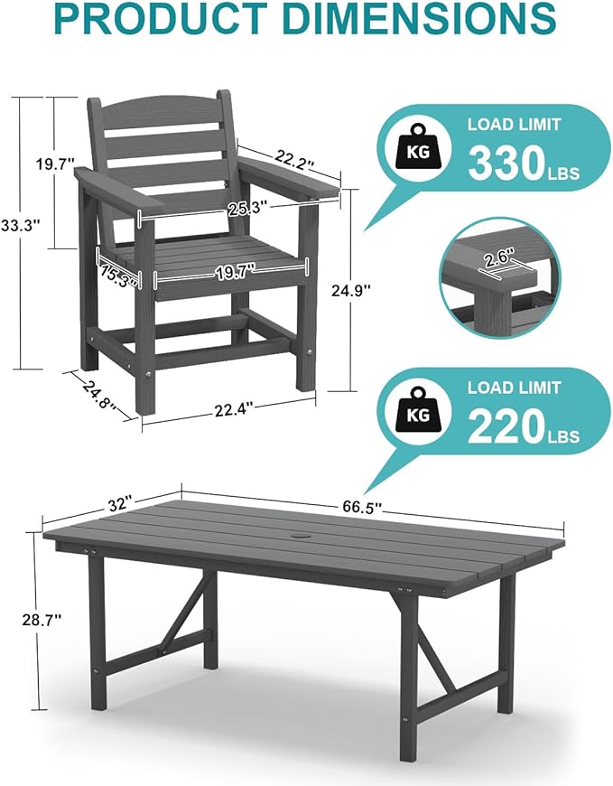 Patio Dining Set for 4 with Umbrella Hole - 66" Outdoor Table & 4 Chairs, All-Weather HDPE Outdoor Furniture for Lawn, Garden, Backyard, Poolside, Gray