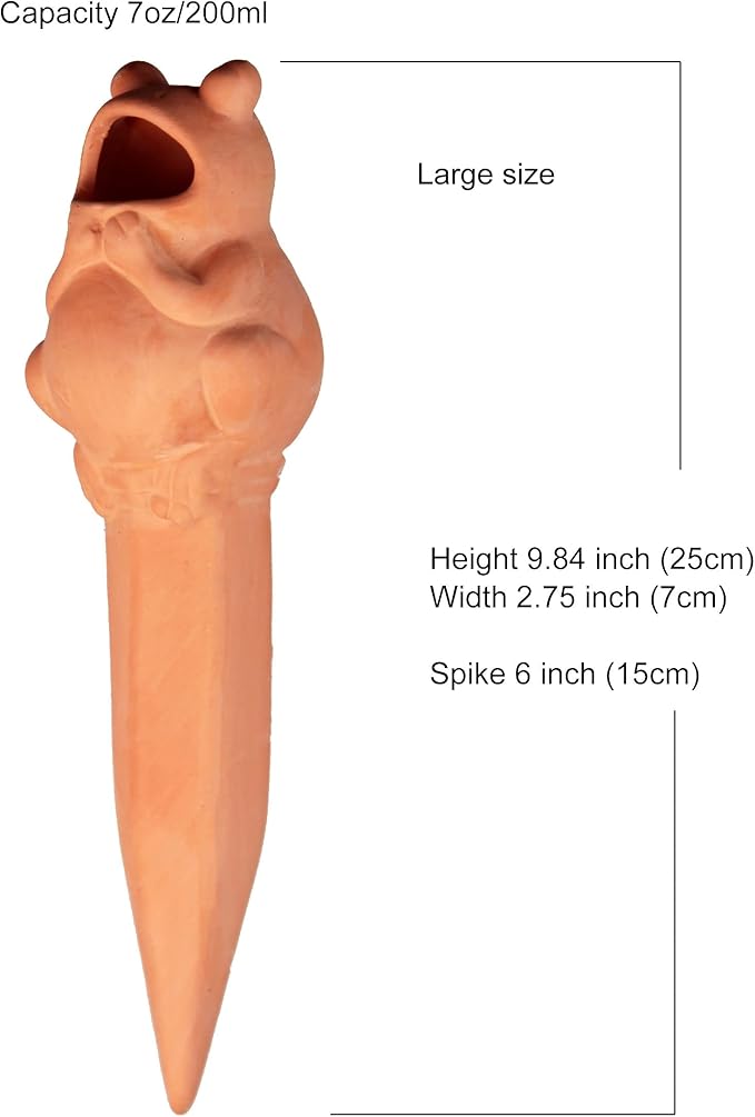 Terracotta Plant Self Watering Spikes - Set of 3 Terracotta Self Watering Bulbs, Self Watering Stakes, Self Watering Globes for Pot Plants (Frogs Plain, Large)