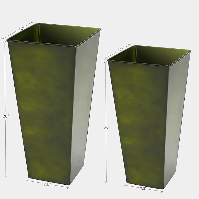KOL 25'' & 28'' Tall Bright Glazed Planter with Insert, Set of 2, Galvanized Steel Planter Metal Pots with Drainage Hole for Indoor & Outdoor Use, Decorative Plant Pots for Front Porch, Patio - Green