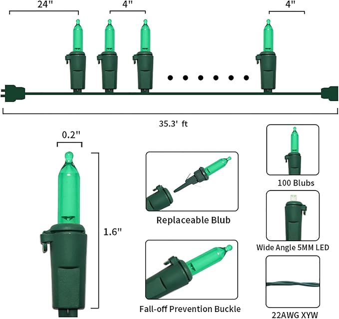 Green Christmas LED Lights - 2 Pack 100 Count Green Christmas String Lights for Tree, Party, Holiday, Indoor/Outdoor St. Patrick's Day Decorations, 2 Sets 33 Feet Green Wire, UL Certified, Connectable