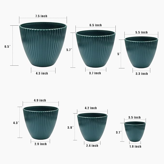 Plant Planters with Drainage Holes and Trays Pack of 6 Plant Pots Indoor and Outdoor Flowers Pots Different Size Plastic Pots, Dark Green