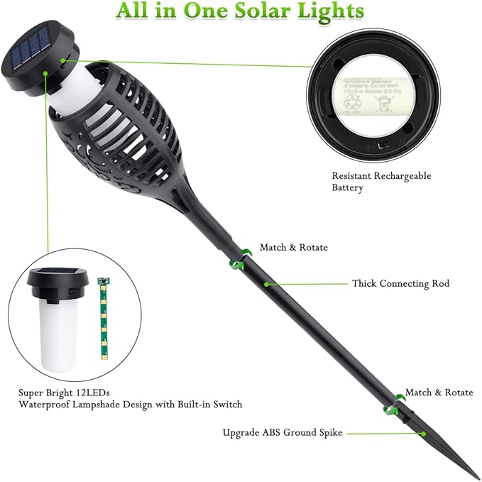 Outdoor Solar Lights, 6Pack Solar Torch Light with Flickering Flame, Garden Lights Waterproof for Outdoor Decor, Tiki Torches for Outside, Luces Solares para Exteriores Pathway Yard Garden Decor