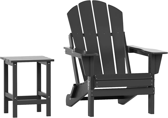 WO Home Furniture Adirondack Chair Table Set of 2 PCS Outdoor Folding Chair w Side Table Weather/UV Resistant for Lawn, Garden, Bon Fire, Balcony (Grey)
