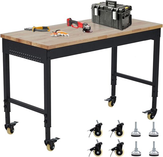 72" x 25" Heavy-Duty Adjustable Workbench with Power Outlets - 2000LB Capacity Garage Workbench, Rubberwood Top, Locking Wheels, Mobile Workstation for Workshop, Office & Home