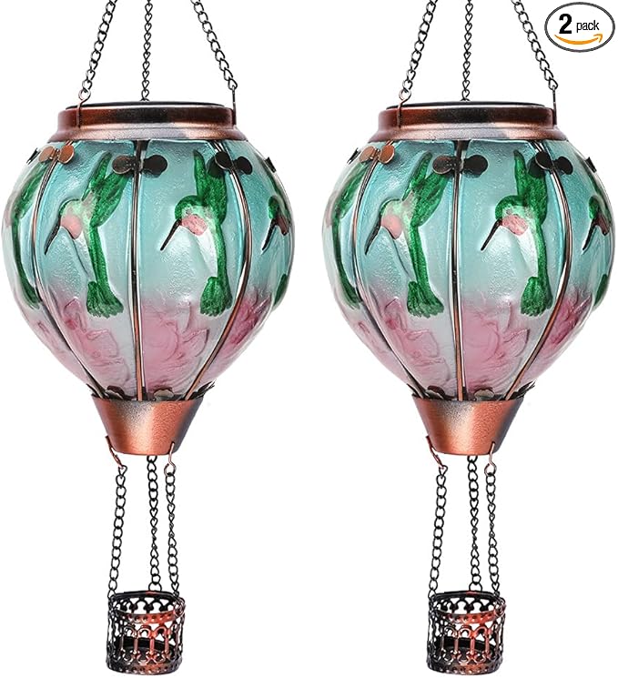 2PC Hot Air Balloon Solar Lantern with 2PC Shepherd Hook, Flickering Flame Hanging Solar Lanterns Outdoor Lights Waterproof Lanterns Decorative Garden Patio Yard Party Decor (Hummingbirds)