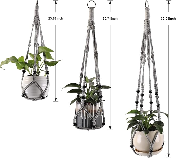 3-Pack Macrame Plant Hanger Indoor - Hanging Planter Basket for Indoor Outdoor - Decorative Boho Plant Holders Set with Beads - Ceiling Flower Pot Holder with 6 Hooks - 35"/30"/24" Gray