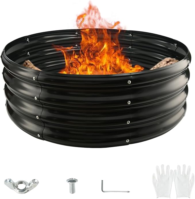 Round Galvanized Steel Fire Ring/Fir Pit for Outdoor/Durable Round Galvanized Steel Raised Garden Bed for Planting-2.67×2.67×1FT,0.8MM Thick (32 ins Diameter x 12 ins high, Black)
