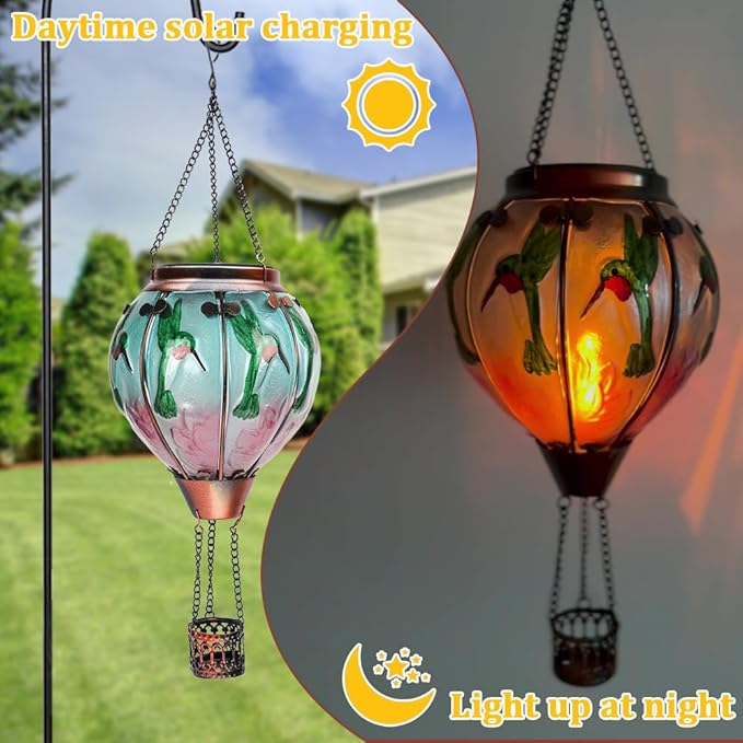 2PCS Solar Hot Air Balloon Lanterns with Flame Glass Hot Air Balloon Lights with 2PCS Shepherd's Hooks Waterproof Hanging Outdoor Solar Lantern for Yard Patio Christmas Decor (Hummingbird)