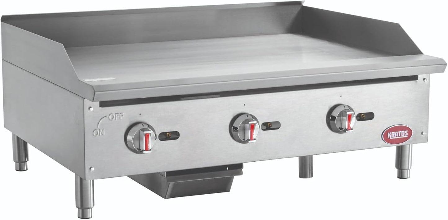 Kratos 29Y-005 36" Commercial Restaurant Gas Countertop Griddle, Manual Controls, 3 Burners, 90,000 BTU Output