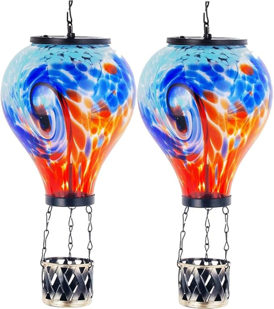 Starsoul 2 PC Hot Air Balloon Solar Lantern with Flame Glass Outdoor Hanging Hot Air Balloon Solar Light Waterproof Garden Patio Yard Party Decorations
