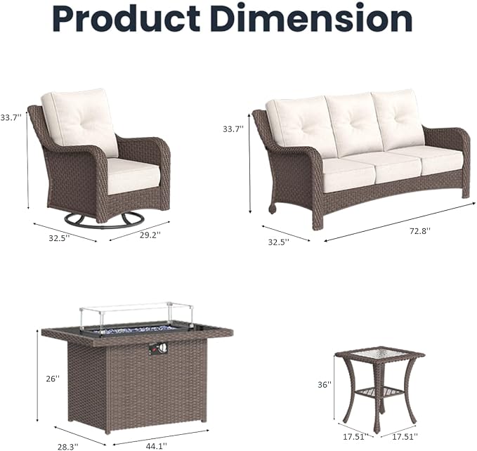 5 Pieces Outdoor Patio Furniture Sets with Rocking Swivel Chairs with 6-inch Thick Cushion and Fire Pit Table for Deck Lawn