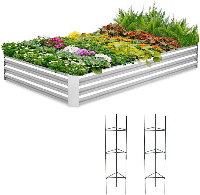 Quictent Galvanized Raised Garden Bed 8x4x1 Ft Metal Planter Box for Vegetables Outdoor, Bottomless for Backyard, 2 Tomato Cages Included (Silver)