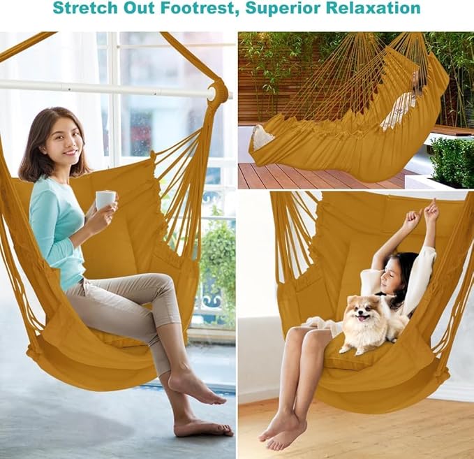 Outerman Hammock Chair, Hanging Chair with 3 Cushions and Foot Rest Support, Sturdy Metal Spreader Bar Max 500Lbs, Swing Chair for Bedroom, Indoor & Outdoor, Patio, Porch or Tree（Khaki）