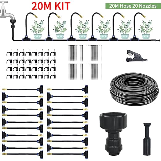360° Adjustable Drip Irrigation System - 66FT Garden Watering System with 20 Nozzles, Garden Irrigation System, Greenhouse Accessories, Atomizing System for Yard, Lawn, Plants, 5/16 inch Hose (66FT)