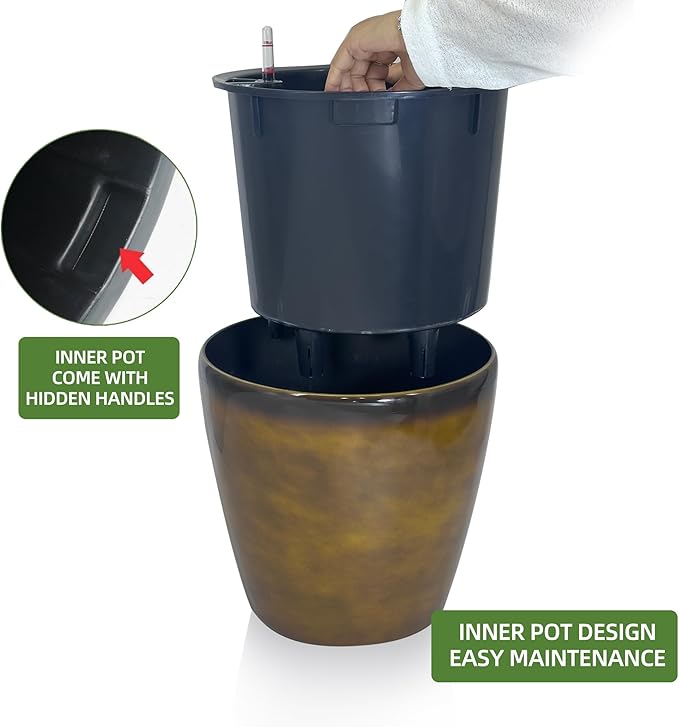 Dexceder 13x12 Self Watering Planter with Wheels Indoor Outdoor, Inner Pot Design, Thickened Large Floor Standing Flower Plant Pot with Water Level Indicator (Yellow Brown Gradient)