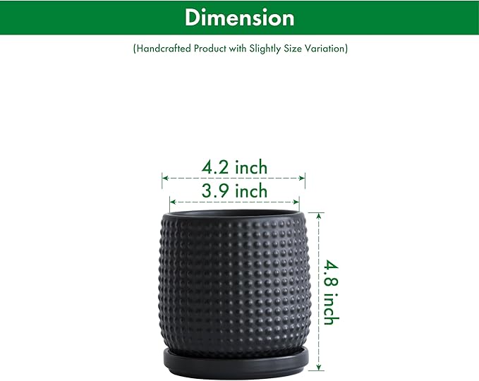 D'vine Dev 4 Inch Ceramic Beaded Stoneware Planter Pot - Flower Pot with Drainage Holes and Saucers for Indoor Succulent Plants or Flowers, Ebony Matte, 27-C-Z-6