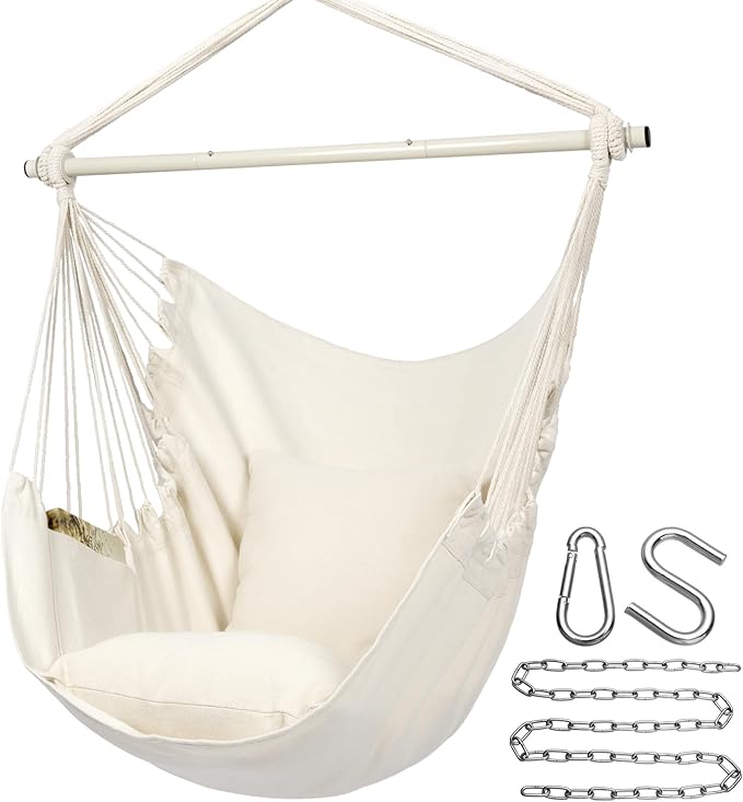 Y- STOP Hammock Chair Hanging Rope Swing Chair, Max 500 Lbs, 2 Seat Cushions Included, Removable Steel Spreader Bar with Anti-Slip Rings for Indoor or Outdoor(Beige)