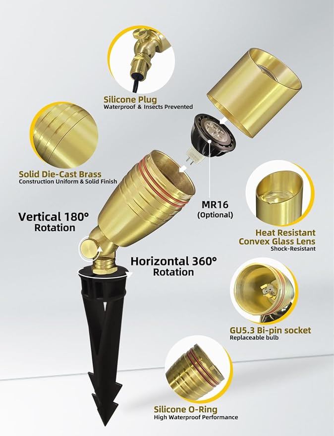 COLOER Die-cast Brass Landscape Spotlight 10-Pack Without Bulb,12V AC/DC Low Voltage Copper Outdoor Lighting with Ground Stake, Directional Garden Patio Spot Up Light (102B Brass Finish)