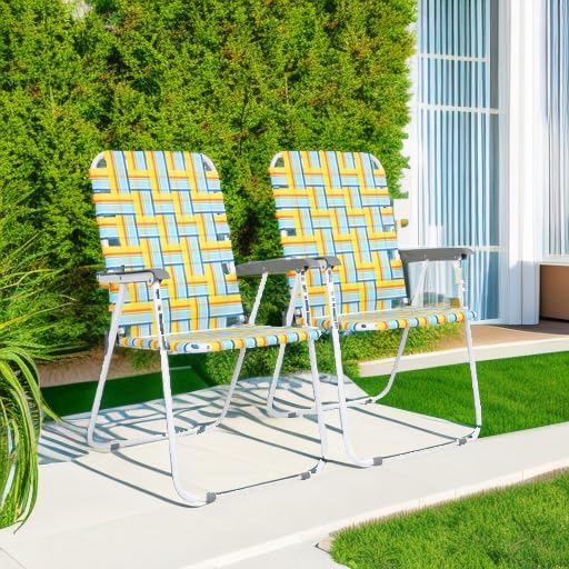VINGLI Patio Lawn Webbed Folding Chairs Set of 2, Outdoor Beach Chair Portable Dining Chair for Outdoor Yard, Garden (Yellow, Classic)