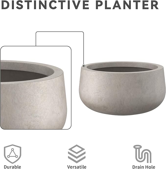 Kante 19.6" Dia Round Concrete Planter, Cement Plant Pots with Drainage Hole and Rubber Plug for Outdoor Indoor Garden Home, Modern Curvaceous Design, Weathered Concrete