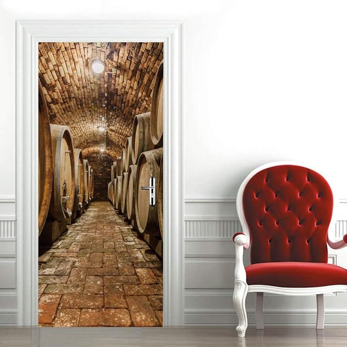 3D Door Stickers Murals Peel and Stick - Wine Cellar - Door Wallpaper Self-Adhesive Door Decals Removable PVC Waterproof Door Poster for Bedroom Living Room Door Decoration 37.4" x 84.6"
