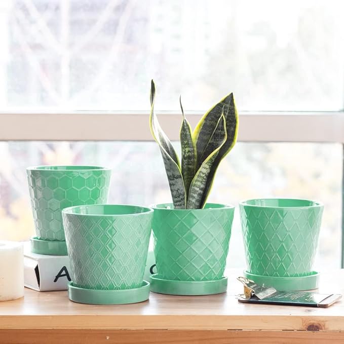 EFISPSS Ceramic Plant Pots –4”+5”+6” inch Set of 3, Planters with with Drainage Holes and Ceramic Tray, Indoor Flower Pot Gardening Home Desktop Office Windowsill Decoration Gift(Mint Green)