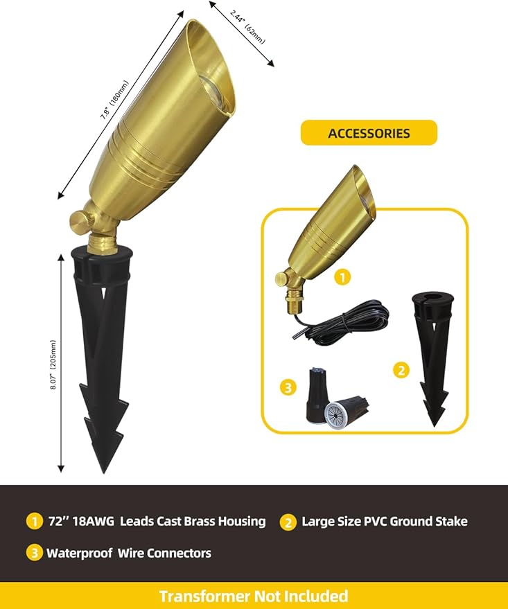 COLOER Die-cast Brass Landscape Spotlight 1-Pack Without Bulb,12V AC/DC Low Voltage Copper Outdoor Lighting with Ground Stake, Directional Garden Patio Spot Up Light (102B Brass Finish)