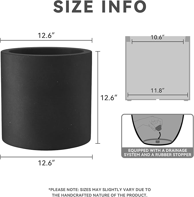 Kante 12.6" Dia Round Concrete Planter, Modern Style Large Cylindrical Plant Pot with Drainage Hole and Rubber Plug for Indoor Outdoor Patio, Black
