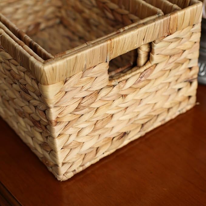 Basket Box Woven Natural Water hyacinth Rectangular with Handle,Kingwillow.(Small)