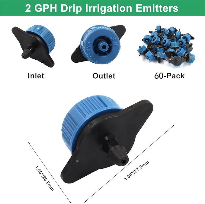 60 Pcs Drip Irrigation Emitters, 2 GPH Pressure Compensating Irrigation Drippers for Garden Lawn Watering Irrigation System, Blue