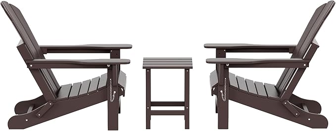 WO Home Furniture Adirondack Chairs Table Set of 3 PCS Outdoor Folding Chairs Side End Table Weather/UV Resistant for Lawn, Garden, Bon Fire, Balcony (Dark Brown)