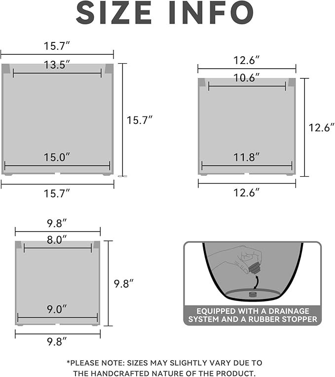 Kante 9.8",12.6",15.7" Dia Round Concrete Planter Set of 3, Modern Style Large Cylindrical Plant Pot with Drainage Hole and Rubber Plug for Indoor Outdoor Patio, Black