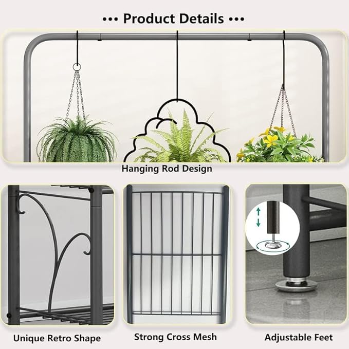SORCEDAS Plant Stand Indoor Outdoor 3 Tier Tall Corner Hanging Plant Shelf Metal Flower Stands Ladder Plant Holder for Living Room Balcony Garden Patio Multiple Plants, Dark Grey